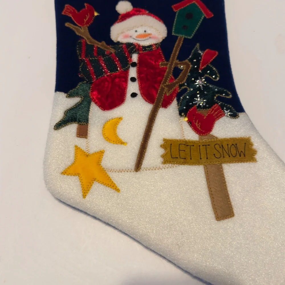 MerryBrite Velvet Christmas Stocking Snowman Let It Snow Navy Blue Red White NWT